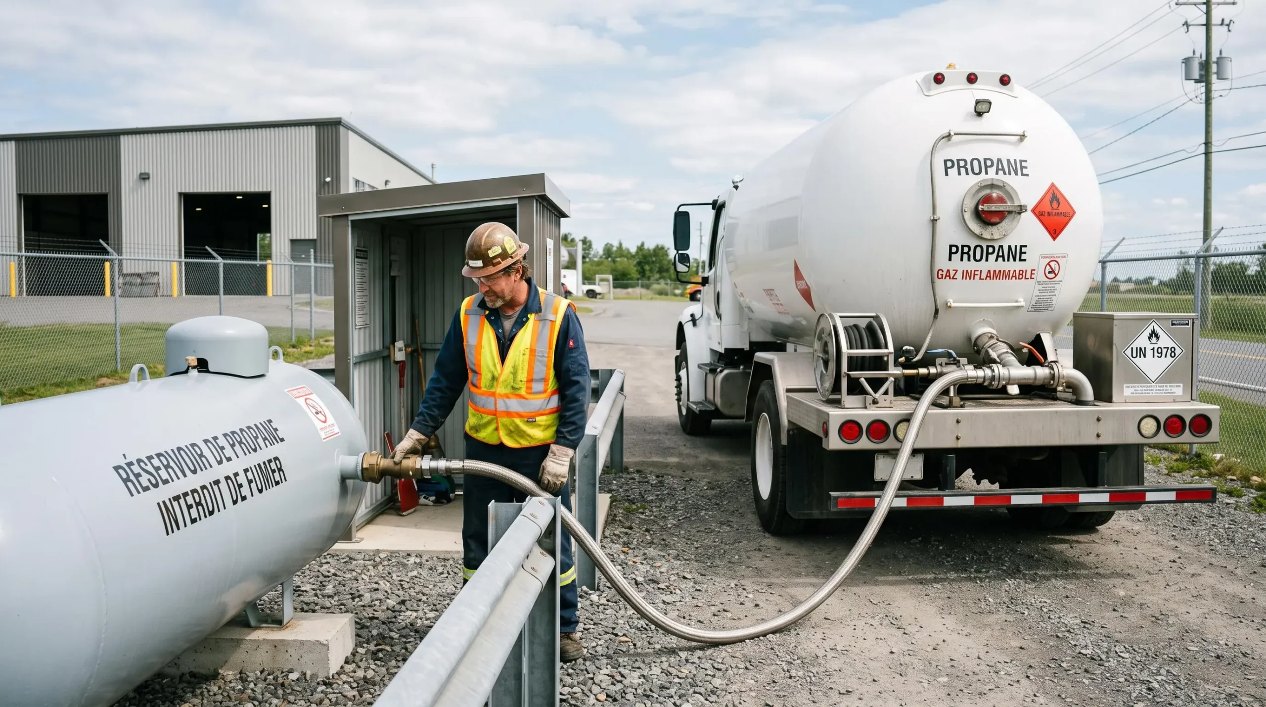 Camion-citerne de livraison propane connecté à une cuve de stockage lors d'une opération de remplissage sur site professionnel, supervisée par livreur en tenue de sécurité