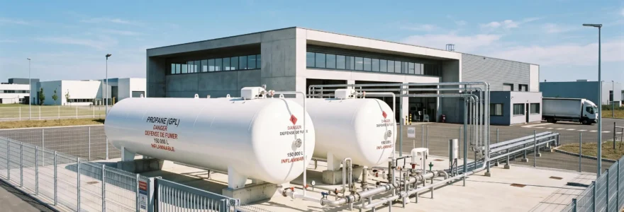 Installation moderne de cuves de stockage propane aériennes sur site industriel français, avec système de canalisations apparent et infrastructure de sécurité conforme aux normes