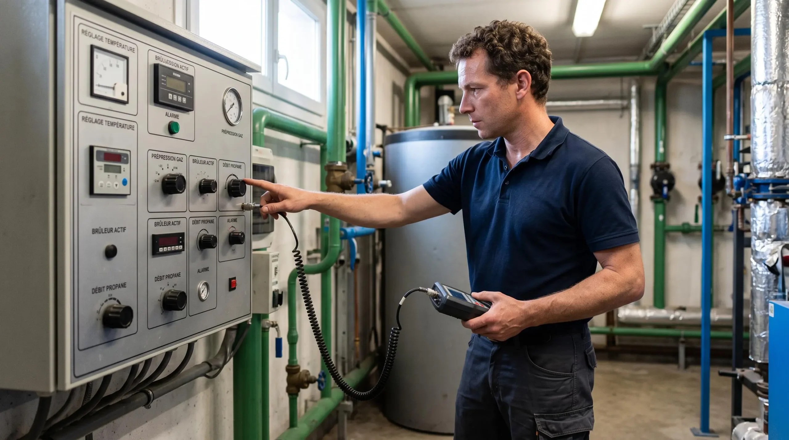 Technicien énergétique debout devant panneau de contrôle d'installation de chauffage propane industrielle, effectuant des mesures avec instrument portatif lors d'un audit