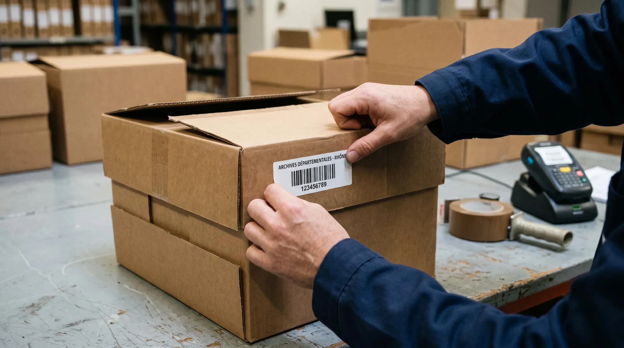 Gros plan sur des mains apposant une étiquette numérotée sur un carton d'archives scellé, dans un atelier d'archivage.