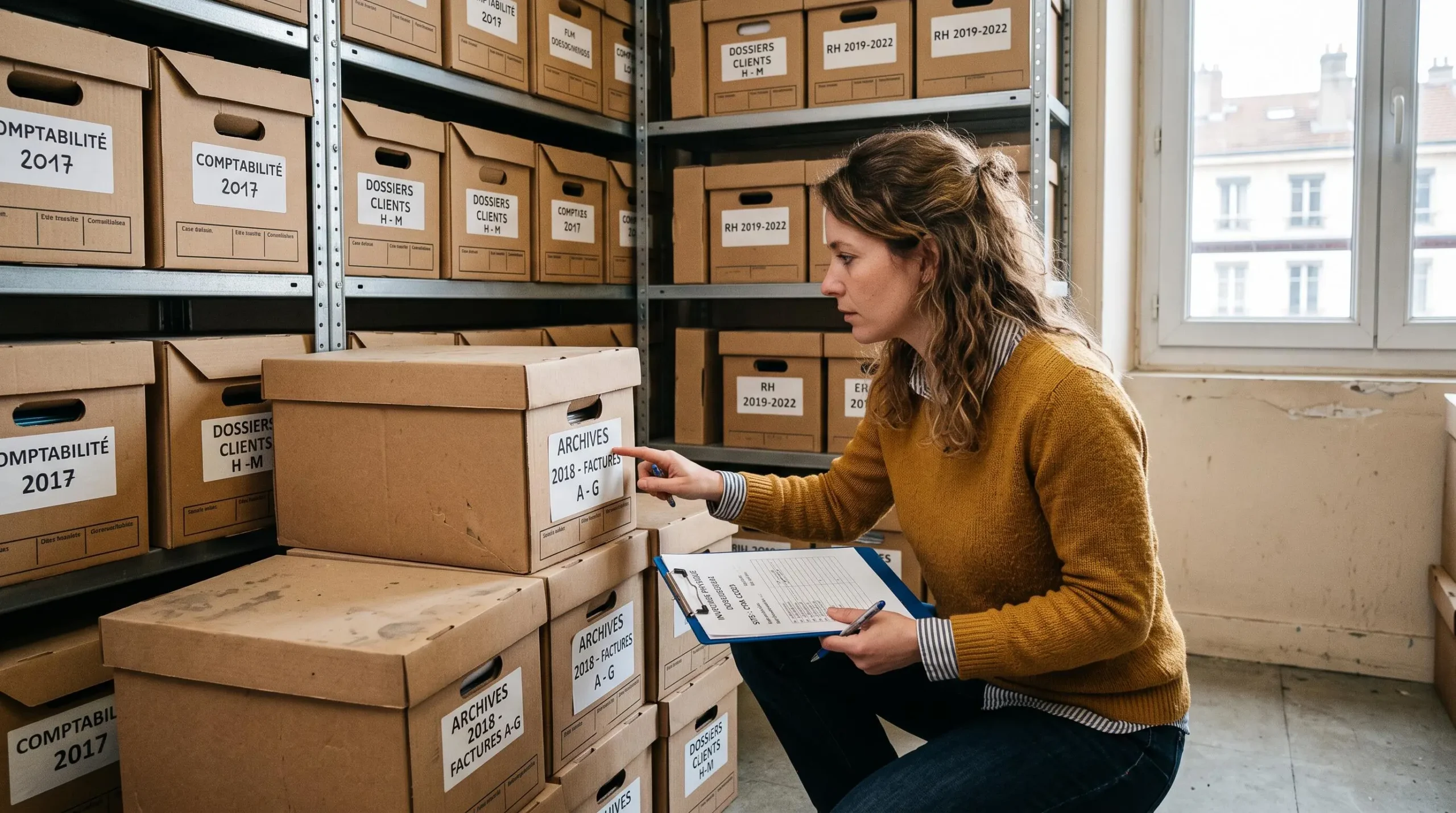 Une employée accroupie vérifie l'étiquette d'un carton d'archives dans un coin de bureau saturé de boxes empilées.