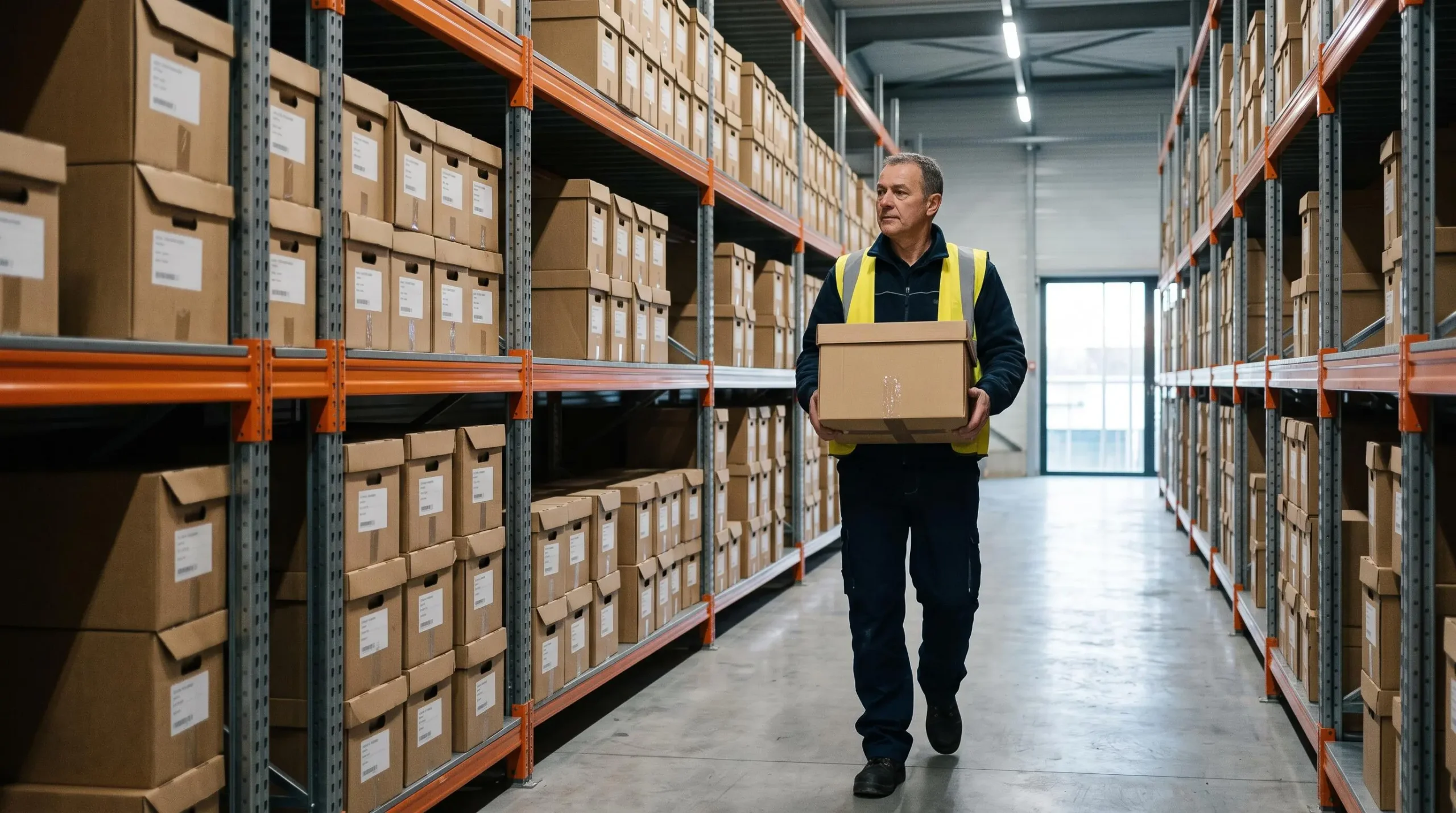 Un manutentionnaire en gilet haute visibilité transporte un carton d'archives dans une allée de rayonnages de self-stockage.