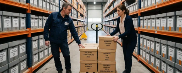 Deux professionnels chargent des cartons d'archives sur un transpalette dans un couloir de boxes de self-stockage.