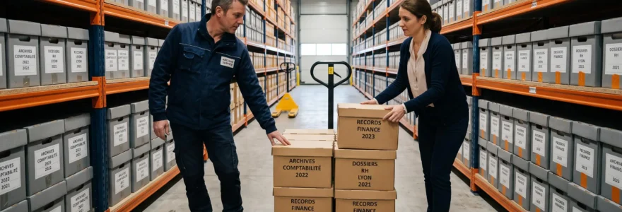 Deux professionnels chargent des cartons d'archives sur un transpalette dans un couloir de boxes de self-stockage.